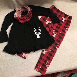 Unbranded 3pc Christmas Outfit Girls Size 120 Black‎ Red Buffalo Plaid Reindeer